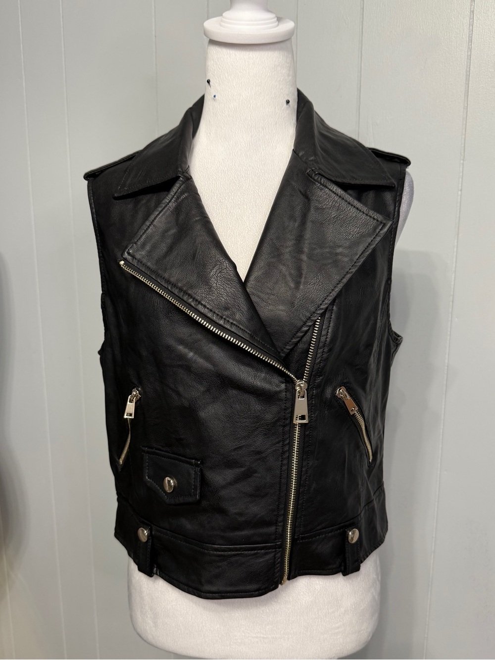 Black Faux-Leather Moto Vest with Asymmetric Zip - Picture 1 of 8